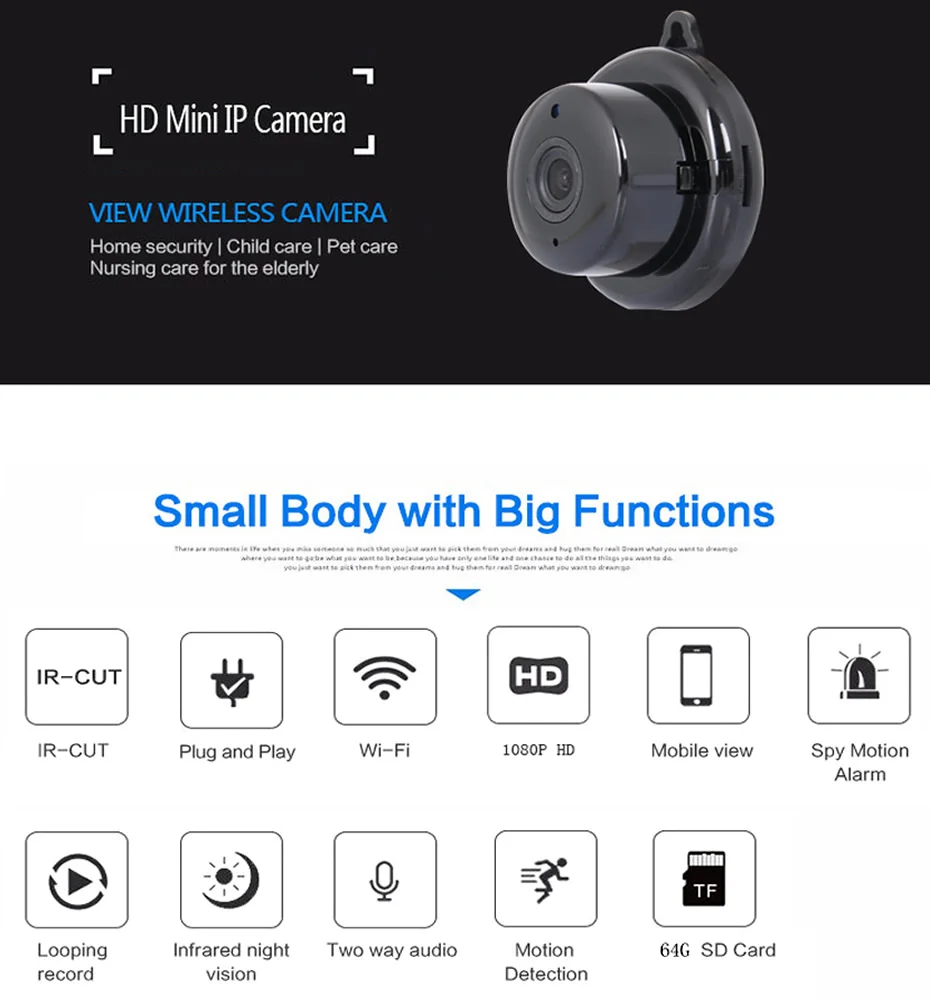 Домашняя безопасность мини wifi 1080P ip-камера Беспроводная маленькая CCTV инфракрасное ночное видение Обнаружение движения Слот для sd-карты аудио приложение