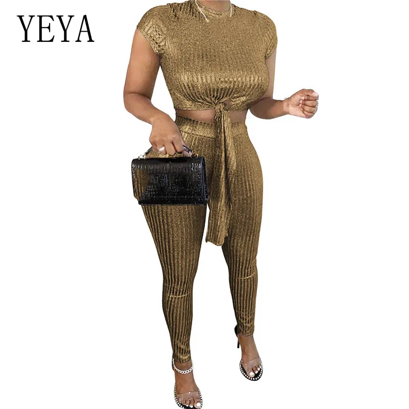

YEYA Women Two Pieces Set Short Sleeve Crop Top and Long Jumpsuit Skinny Lace Up Hollow Out Summer Tracksuit Streetwear Outfits