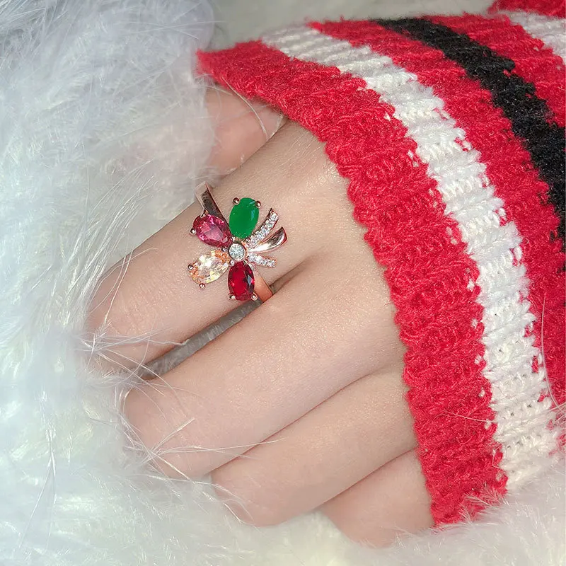 

Flower inlaid zircon natural red tourmaline colored gemstone opening adjustable ring female temperament live ring