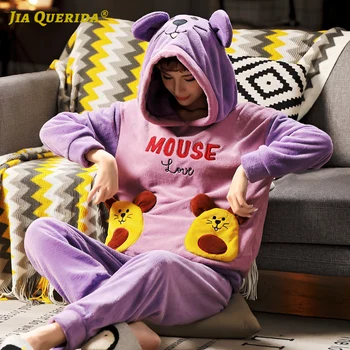 

Ladies Long Sleeve Long Pants Pj Set Winter Pajamas Set Ladies Flannel Warm Pjs Woman Fashion Style Casual Style Girl Hooded