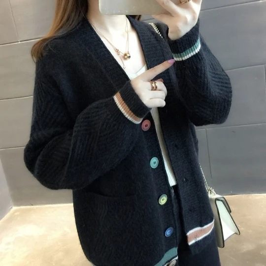 

Black Autumn Women Knitted Cardigans Sweater Fashion Long Sleeve Loose Coat Casual Cloth Button Thick V Neck Solid Tops Clothes