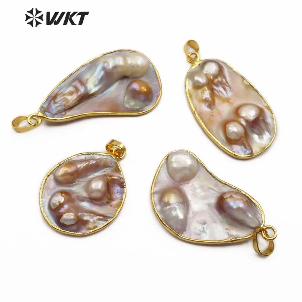 WT-JP159 new arrival! carved round irregular natural mother of pearl Pendant with gold electroplated women Necklace Connector