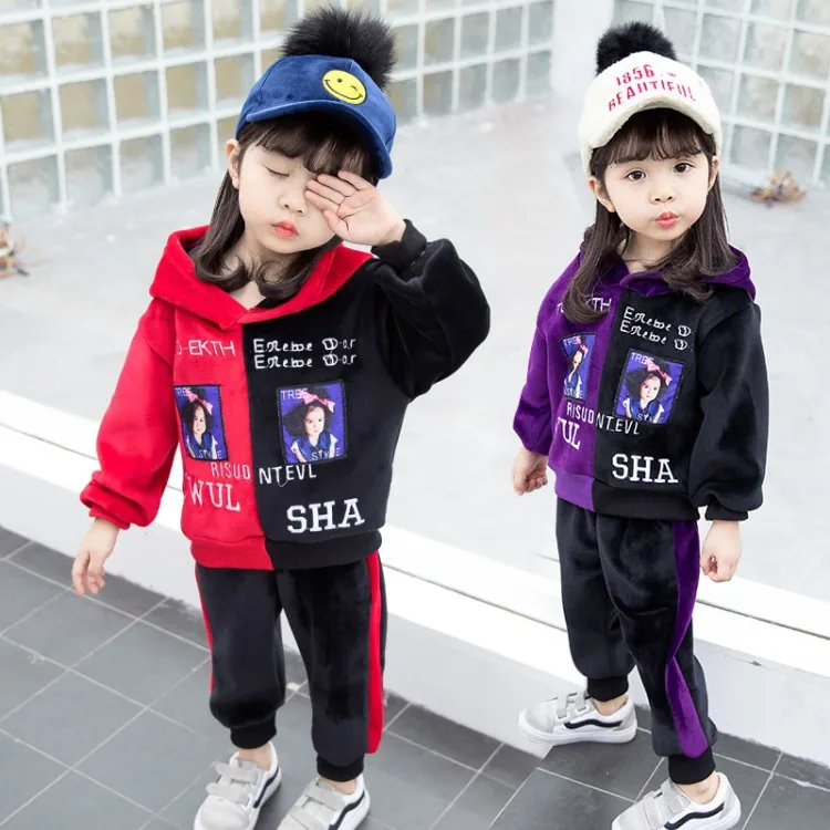 

2018 Autumn And Winter Children Mixed Colors Cartoon Gold Velvet Set Girls Late Autumn Western Style Two-Piece Set Fashion