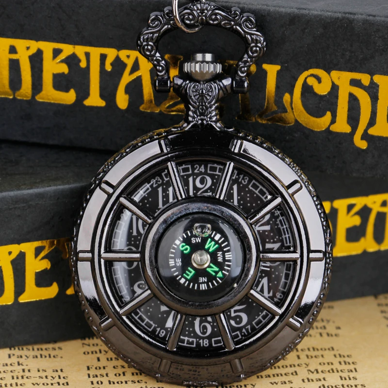 Simple Hollowed Out Rudder Shape Compass Surface Creative Pure Black Quartz Pocket Watch Pendant Gifts | Наручные часы