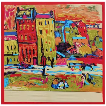 

Women Imitation Silk Sunscreen Shawl Graphic Famous Oil Painting House Print Square Scarf Neckerchief Handbag Ribbon Head Wrap