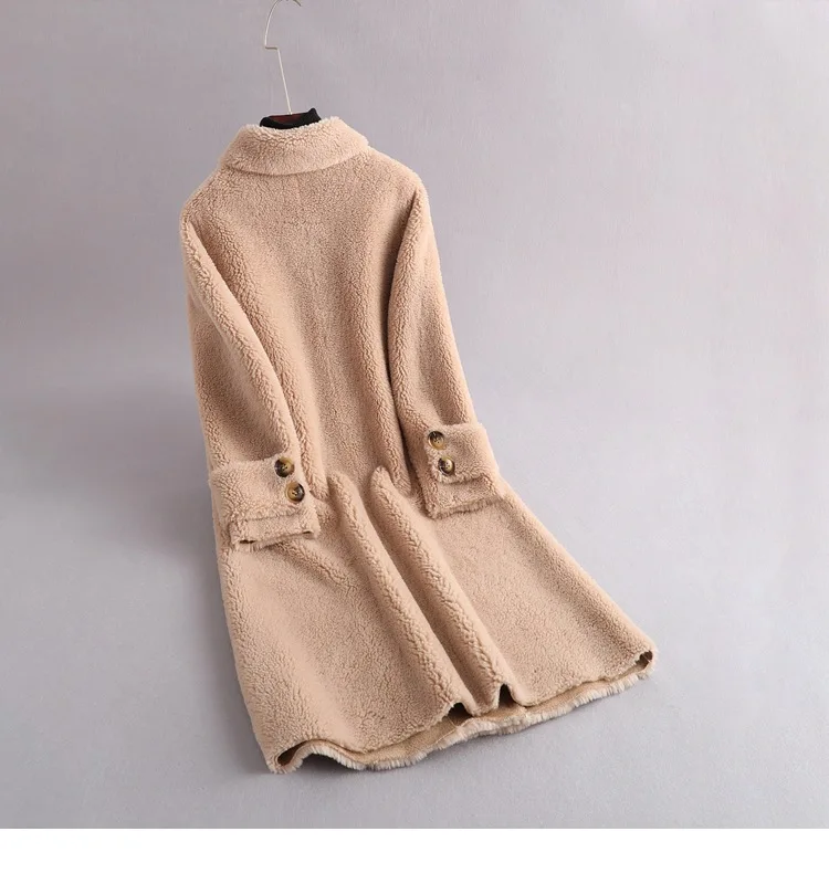 Winter Teddy Parka Genuine Sheep Wool Mid Long Jackets Women Double Breasted Office Lady Fur Coats Loose Outerwear Fur Clothing