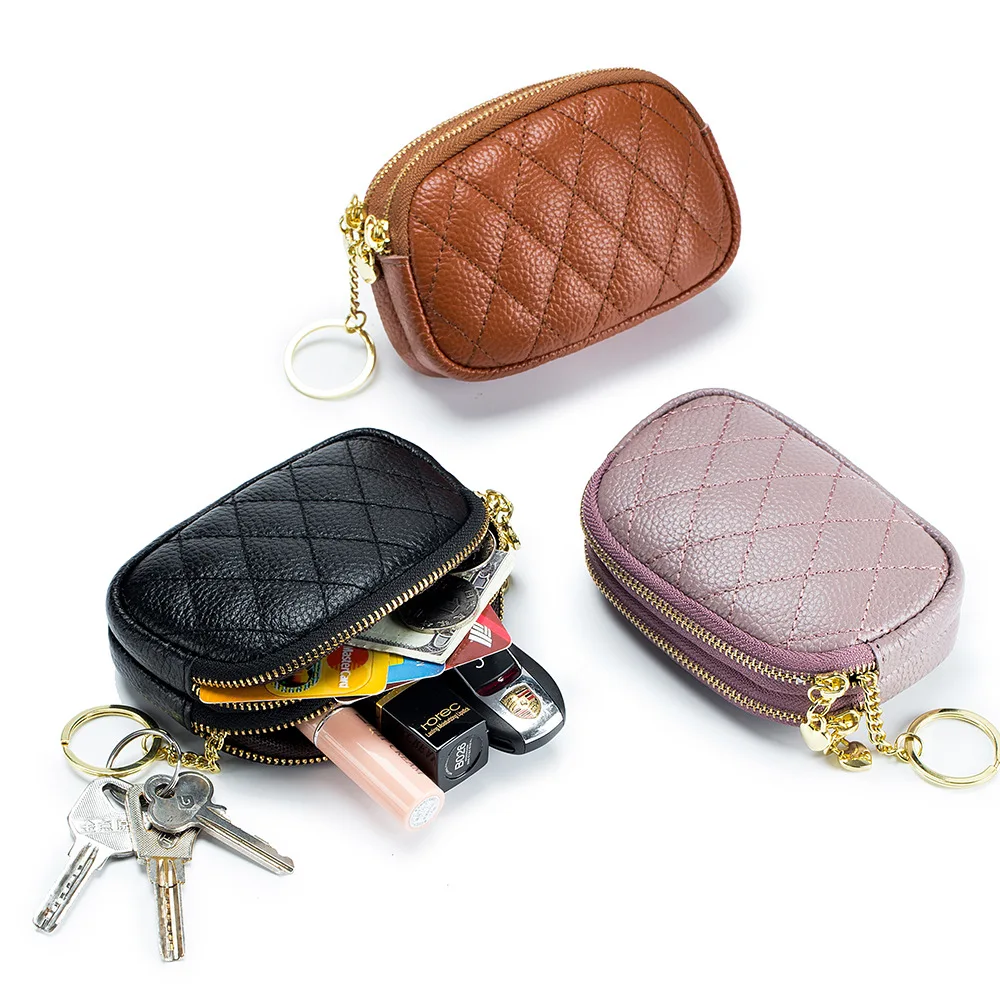 Women Genuine Leather Zip Mini Coin Purse With Key Ring Female Double Zipper Card Holder Small Change Wallet Pouch Storage Bag