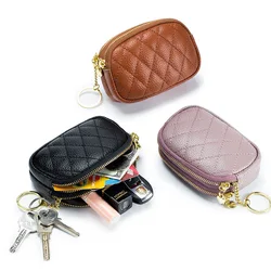Women Genuine Leather Zip Mini Coin Purse With Key Ring Female Double Zipper Card Holder Small Change Wallet Pouch Storage Bag