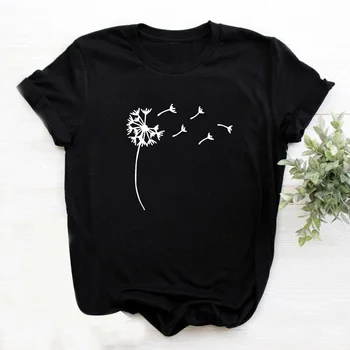 

Dandelion Graphic Tee Women Short Sleeve O-neck Cotton Tshirt Women Black White Loose T Shirt Women Top