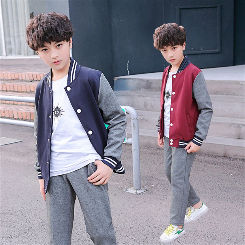 Школьная форма для мальчиков; школьная одежда в британском стиле; Детская хлопчатобумажная бейсбольная куртка; брюки; студенческие танцевальные костюмы для сцены