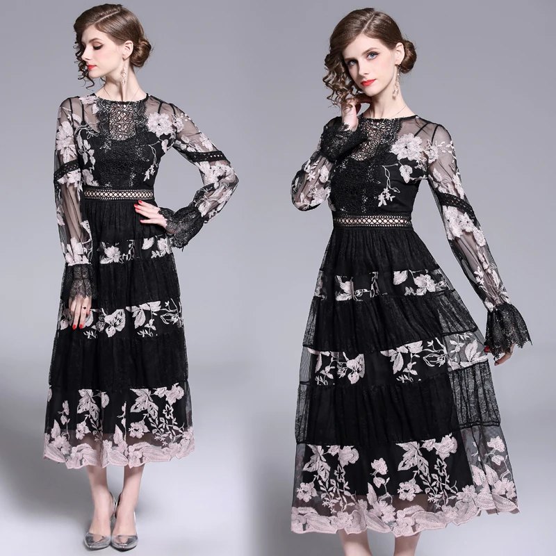 

Banulin Fashion Runway Dress Spring Autumn Women's Dress O-Neck Flare Sleeve Flowers Embroidery Elegant Lace Long Dresses