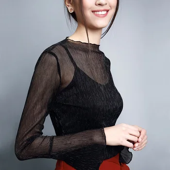 

Summer new high-necked long-sleeved mesh sleeves solid color T-shirt women