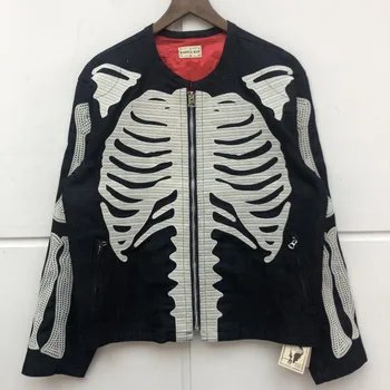 

Hip-Hop Full Bone Embroidery KAPITAL Bomb Jacket Men Women 1:1 Best Quality Autumn Winter Zip Sleeves Denim Coat