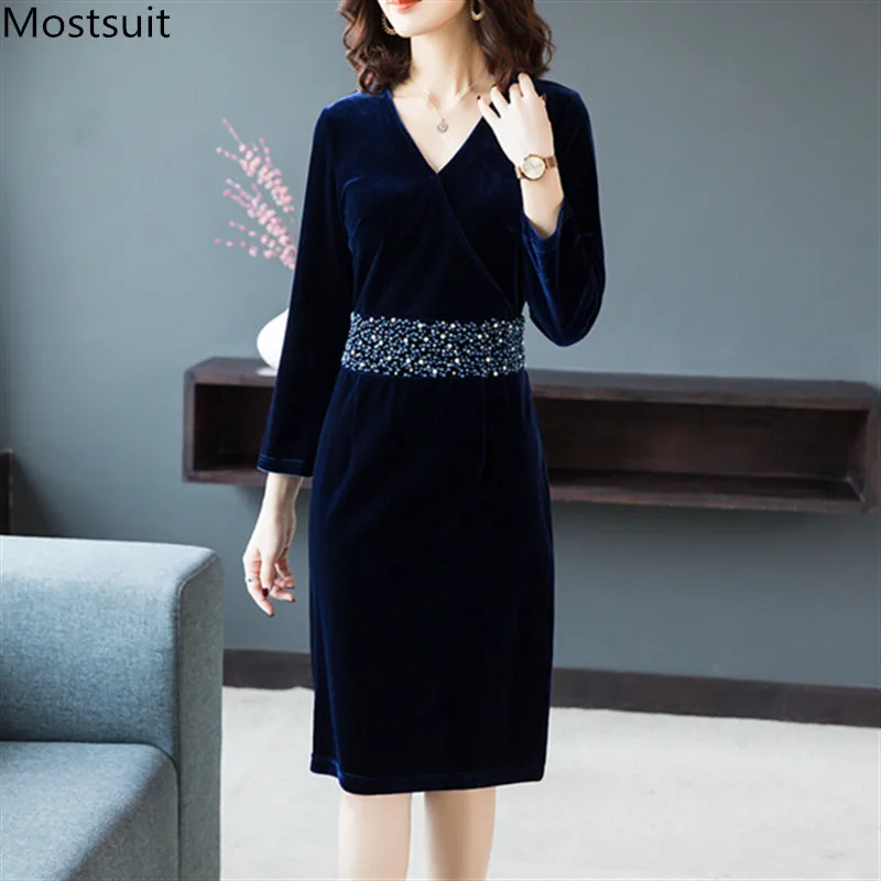 

Spring Autumn Beading Velvet Dress For Women S-3xl Plus Size Tunic Elegant Fashion V-neck Party Dress 2019 Streetwear