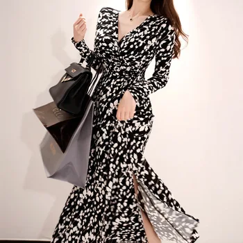 

womens 2020 new han edition temperament with split printing v-neck cultivate morality dress fashion women dress