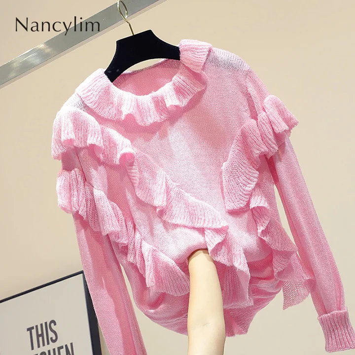 

New Ruffled Stitching Knit Tops Womens Knitwear Pull Femme Sweater Turtleneck Pullover Girls Lady Long Sleeve Loose Sweater Fall