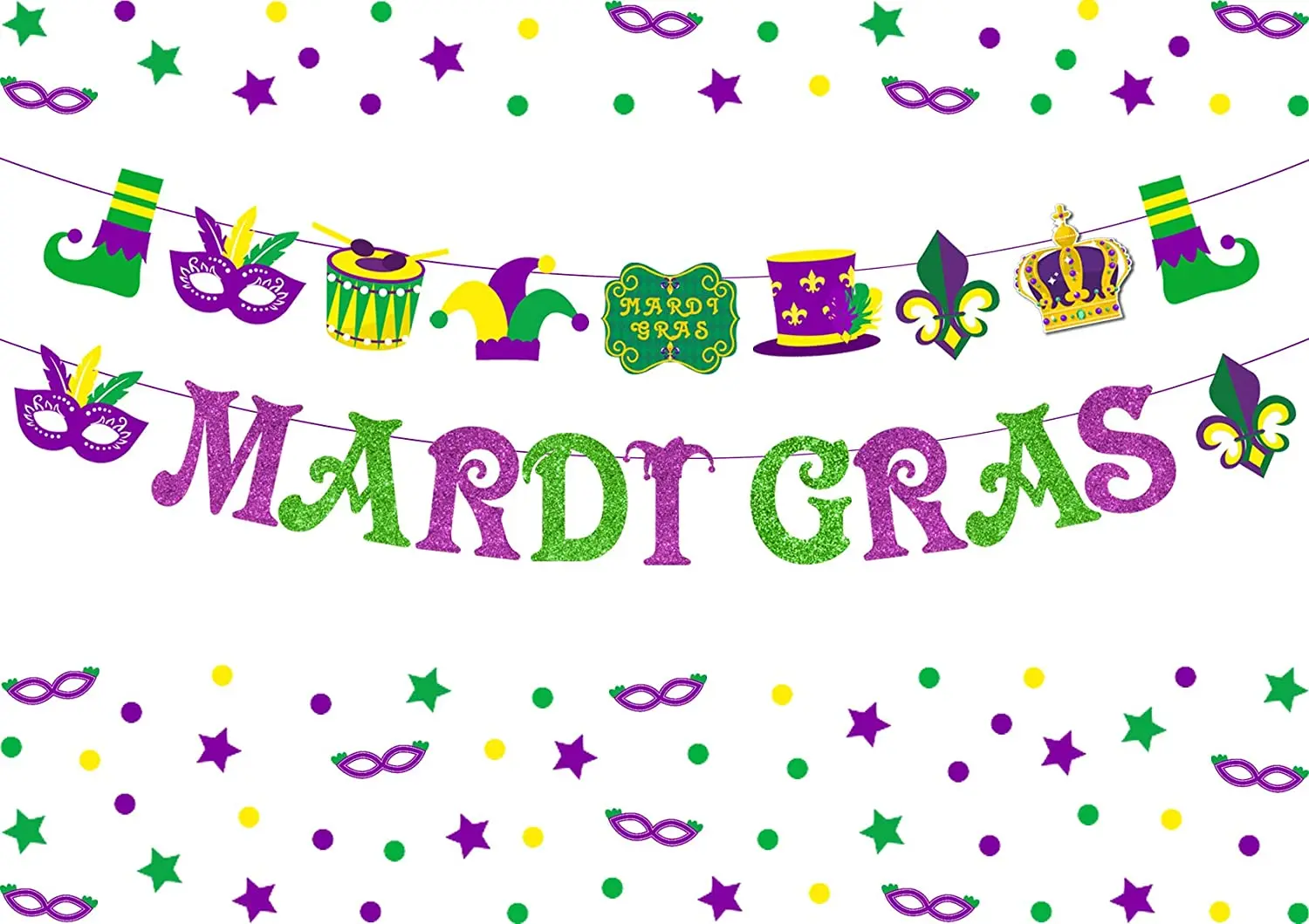 

Glittery Mardi Gras Decorations Banner Garland for New Orleans Masquerade Party Supplies Outdoor Indoor Hanging Decor