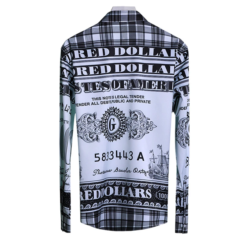 Letters Pattern Black Print White Shirts Men Long Sleeve Turn-down Collar Shirt Fashion Slim Fit Male Clothing Streetwear