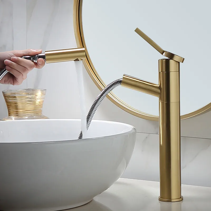 

Bathroom Basin Faucets Brushed Gold Pull Type Rotating Solid Brass Hot & Cold Single Handle Sink Mixer Taps Lavatory Crane Tap