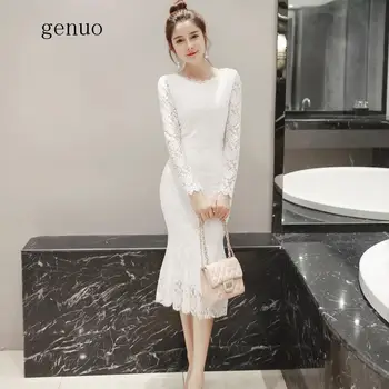 

2020 Spring Women Dresses White O-Neck Long Sleeves Bandage Bodycon Dress Sexy Party Socialite Lace Mermaid Dress Vestidos