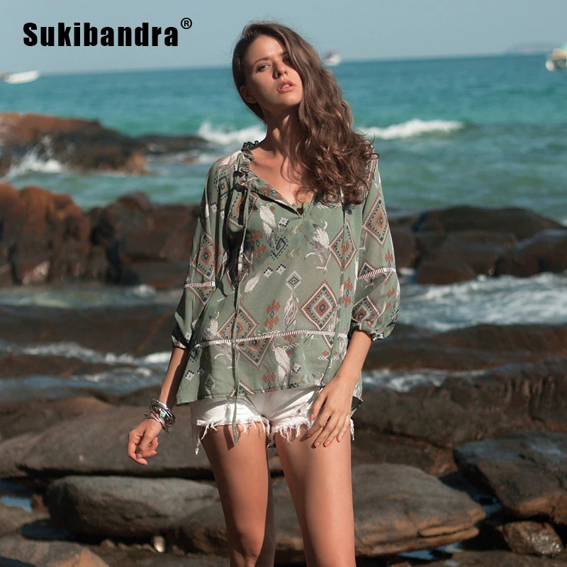 Sukibandra летние женские рубашки с длинным рукавом Boho зеленая Геометрическая шифоновая блузка Асимметричные пляжные богемные женские свободные топы