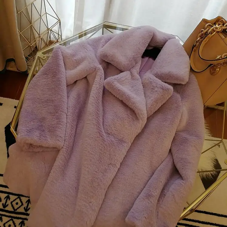 Winter Turn-down Collar Hairy Shaggy Faux Rabbit Macaron purple Fur Coat Long sleeve Furry Faux Fur Women Jacket Outerwear