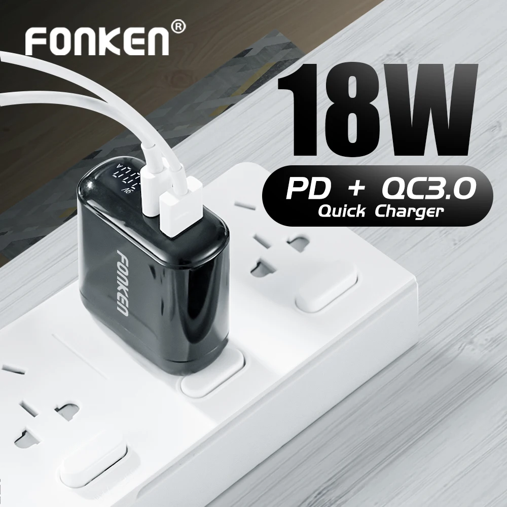 Зарядное устройство FONKEN Quick Charge 3,0 PD, 2 порта, быстрая зарядка для телефона, зарядное устройство usb type C, настенный адаптер, светодиодный дисплей, зарядное устройство s