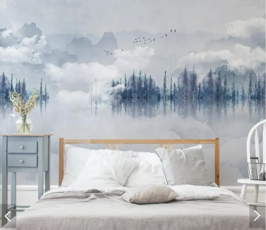 Скандинавские горы туманное Дерево Обои 3D настенные фрески для спальни художественные наклейки на стены обои рулоны 3d печать обои водонепроницаемый холст