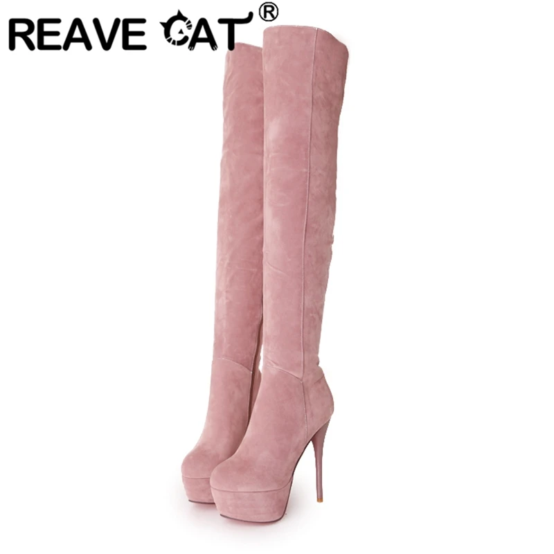 

REAVE CAT Woman Platform Over-Knee High Boots Round Toe Thin Heel Flock Zipper Big Size 32-43 Solid Pink Black Blue Winter S2763