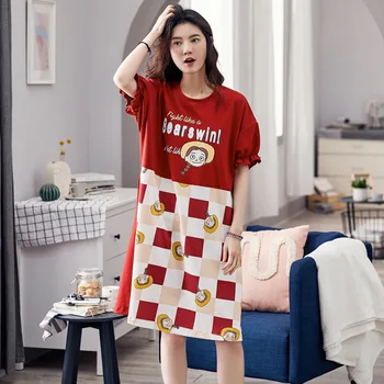 

Cartoon Banana Print Women Summer Nightdress Short Sleeve Round Neck Nightgown Cotton Loose Homewear Off Shoulder Sleepwear S105