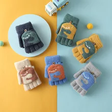 New Student Warm Gloves Autumn Winter Cute Cartoon Dinosaur Children Flip Fingerless Write Outdoor Sports Mittens Girl Boys Gift