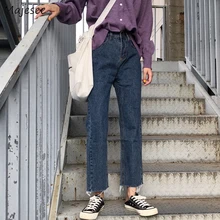 Джинсы с высокой талией женские винтажные универсальные уличные корейские женщины моды Промытые на молнии женские брюки Горячая Распродажа