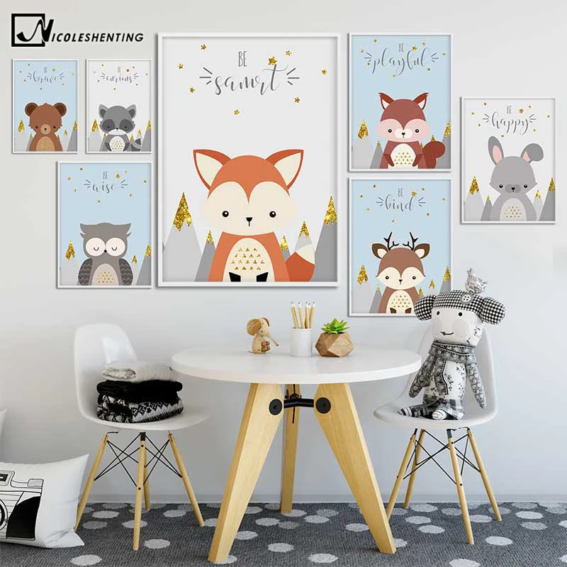 Affiche En Toile Avec Animaux De La Foret Pour Enfants Dessin Anime Renard Hibou Ours Peinture Murale Image D Art Decor Nordique Pour Chambre D Enfant Et Bebe Aliexpress