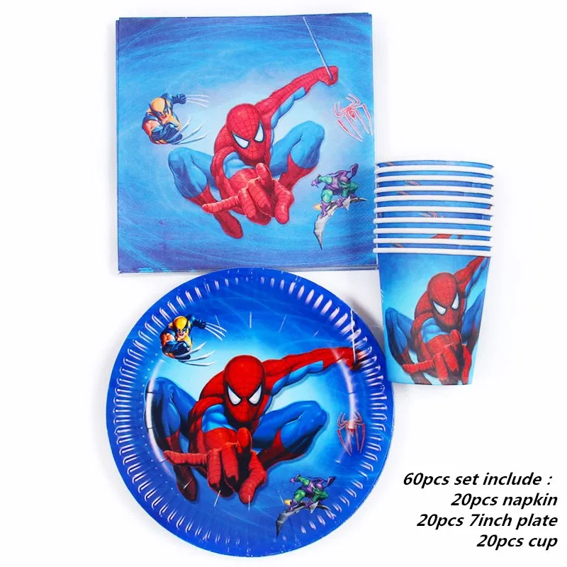 60pcs set 60 шт./компл. "Человек-паук" День рождения поставки дети одноразовая скатерть пластины чашки салфетка Baby Shower супергероя вечерние украшения - Цвет: 60pcs set