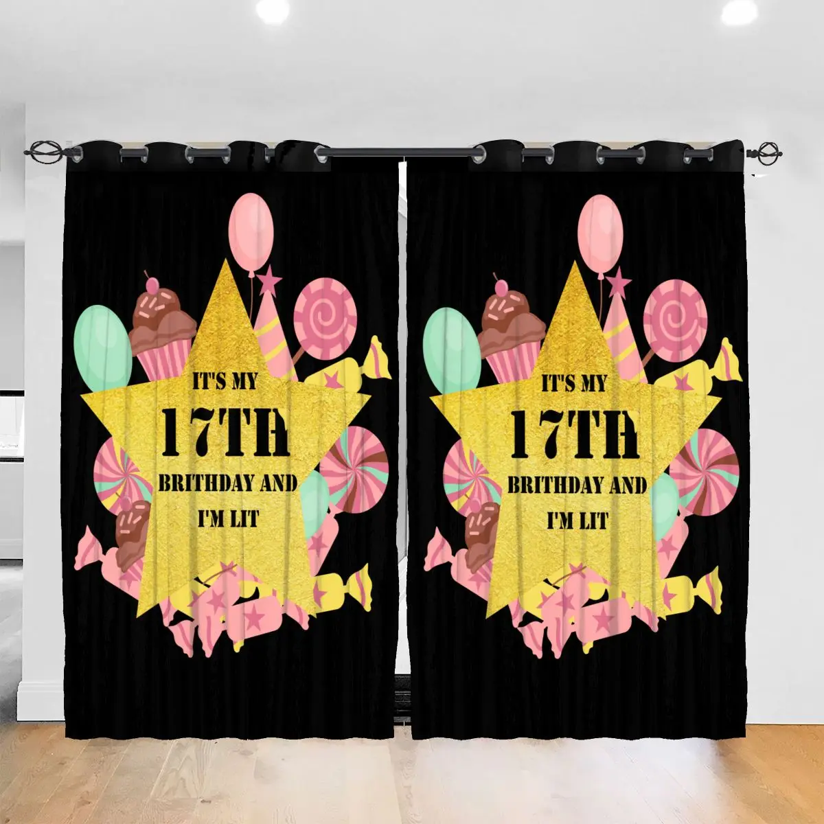 

Living Room Sun Block Curtain It's My 17th Brithday And I'm Lit Party Light Shading Bedroom Blackout Window Curtains 52x72In