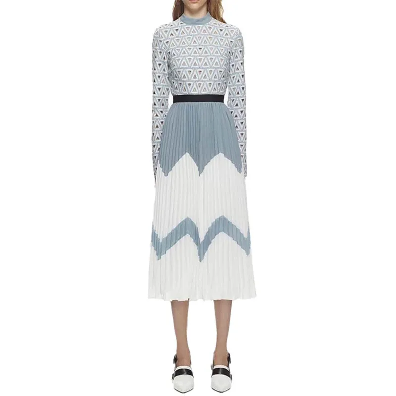 

Self Portrait Runway Party Midi Dress 2019 Autumn Runway Women Long Sleeve Hollow Out Patchwork Chiffon Pleated Dress Vestidos