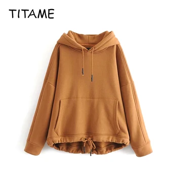 

TITAME Women Loose Drawstring Hoodies Solid Patchwork Pockets Regular Oversize Sweatshirt Tops Hoodies Harajuku Cotton Hoodies