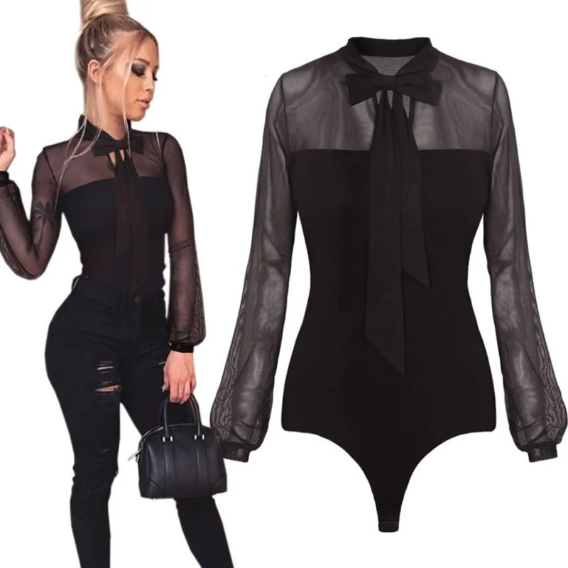 Girl New Summer Sexy Bodysuit Sexy Mesh Long Sleeve Lace Up Women Bodysuits Jumpsuits Rompers lace bodysuit