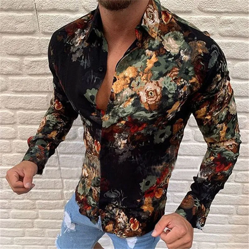 

Men Slim Printed Lapel Long-Sleeved Shirt Ethnic Retro Style Hawaiian Henry Shirt Summer Luxury High-Quality Man Tops