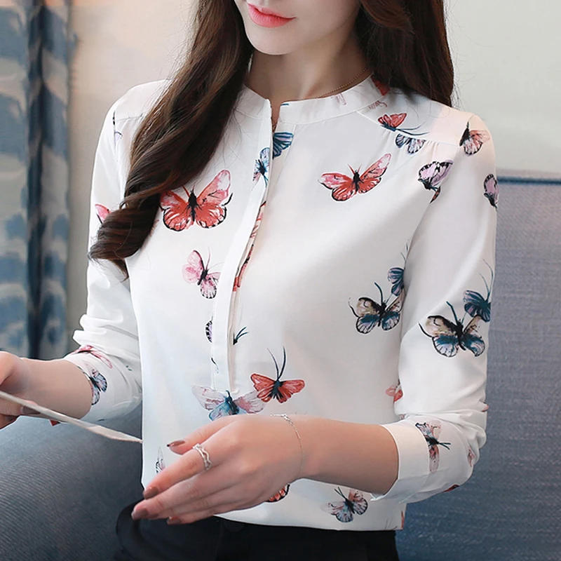 Повседневная Женская блузка с длинным рукавом и цветочным принтом, рубашка, большие размеры корейский стиль, офисные Топы, осенняя Женская рабочая одежда, белая блузка