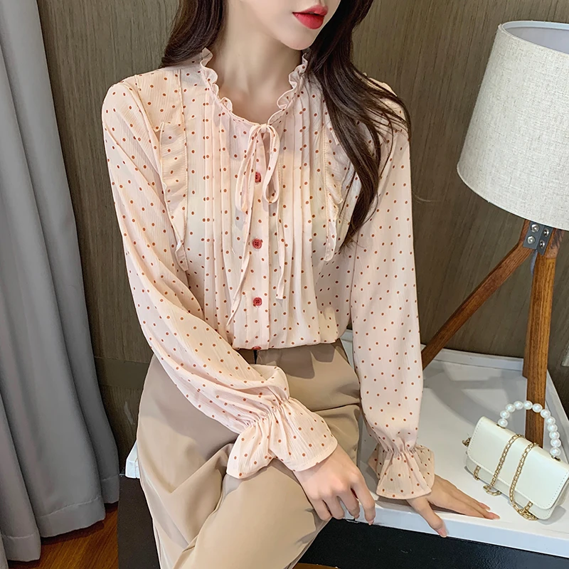 women-blouse-2021-spring-french-bow-tie-stand-up-collar-long-sleeved-polka-dot-splicing-top-thin-chiffon-shirt-flared-sleeves