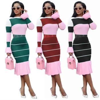 

Autumn Skirt Sets for Women New High Quality Stripe Chiffon Patchwork Sweater Two Piece Sets Free Shipping Wholesale Dropshpping