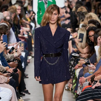 

2019 New Arrival Dark Blue Belt Playsuit Sexy Autumn Long Sleeve Striped V Neck Women Patchwork Celebrity Club Party Jumpsuits