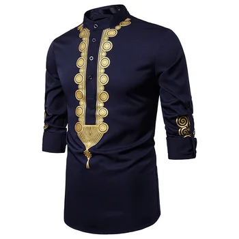 

Men's Shirt New Fashion Slim Long Sleeve Pullover Printing Business Casual Shirt Collar Shirt Men's High Quality Tops Blue XXL