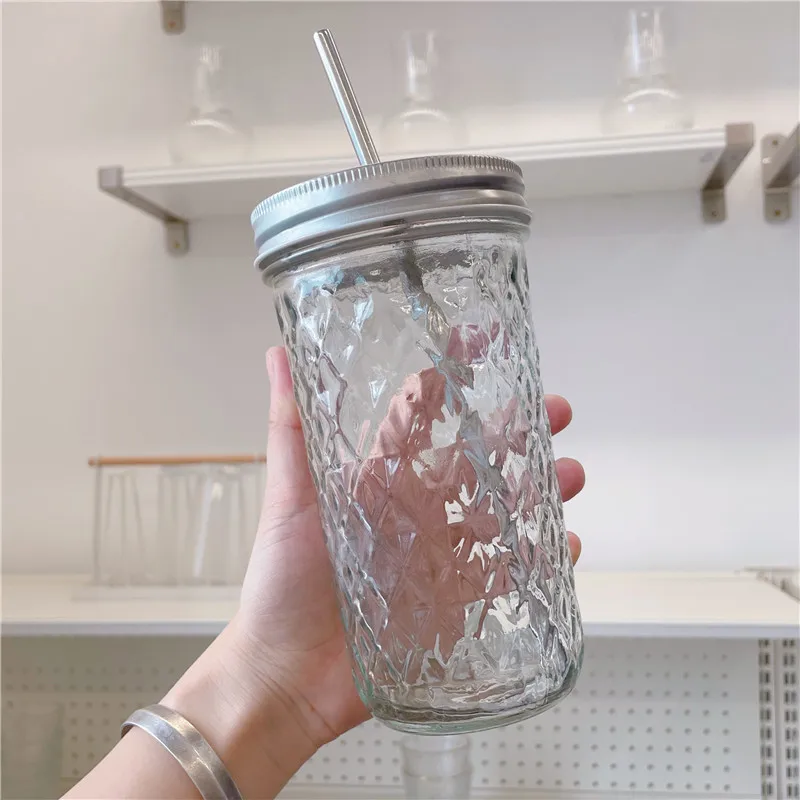 Lam pion Tarief 630Ml Glas Mason Jars Diamant Herbruikbare Stro Beker Met Deksel Rvs  Rietjes Ice Koffie Beker Milkshake Smoothie Sap cup|Mokken| - AliExpress
