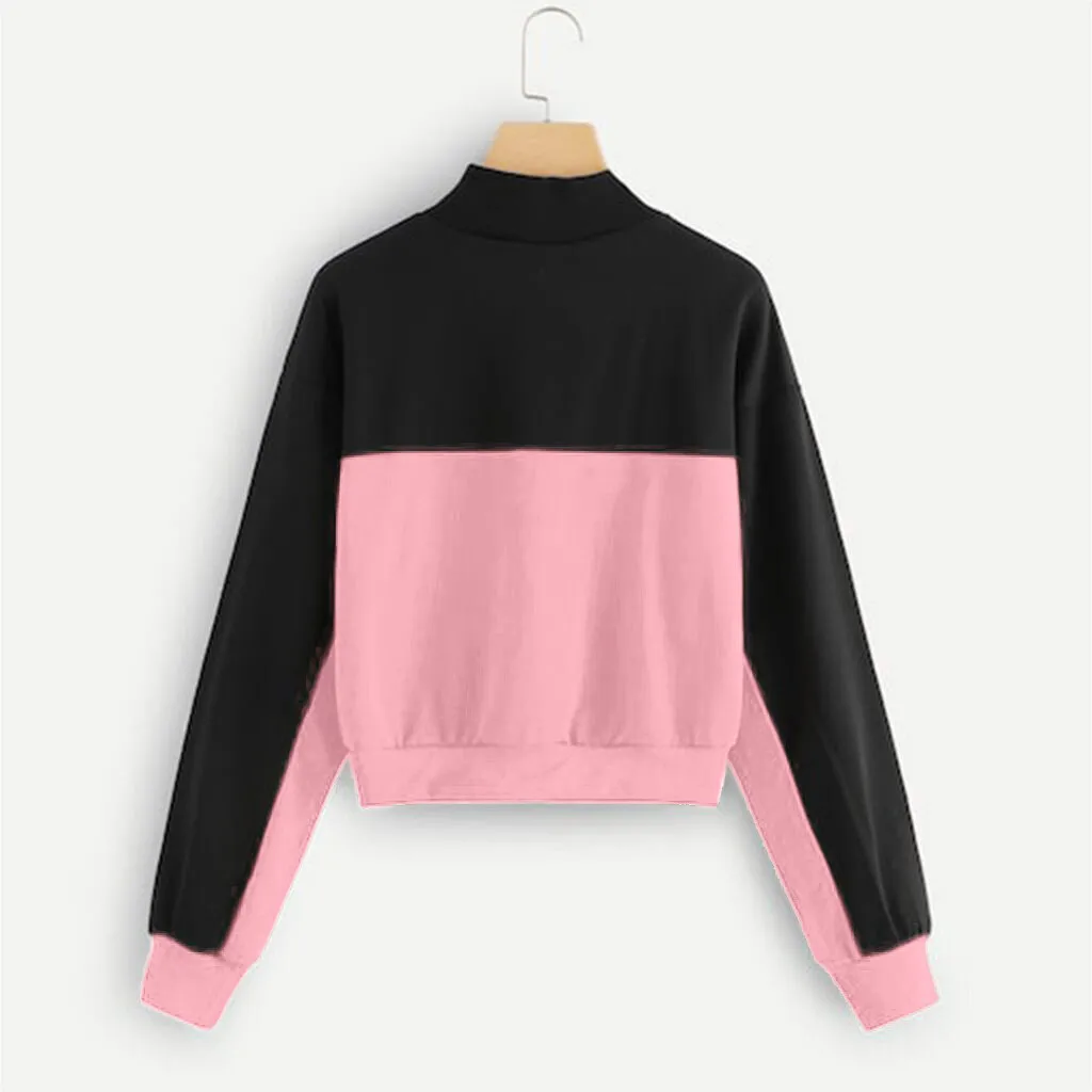 Jaycosin 2019 Fashion Autumn Women Simple Loose Colorblock Zipper Sweatshirt Stylish Long Sleeve Comfortable Casual Blouse 108#4