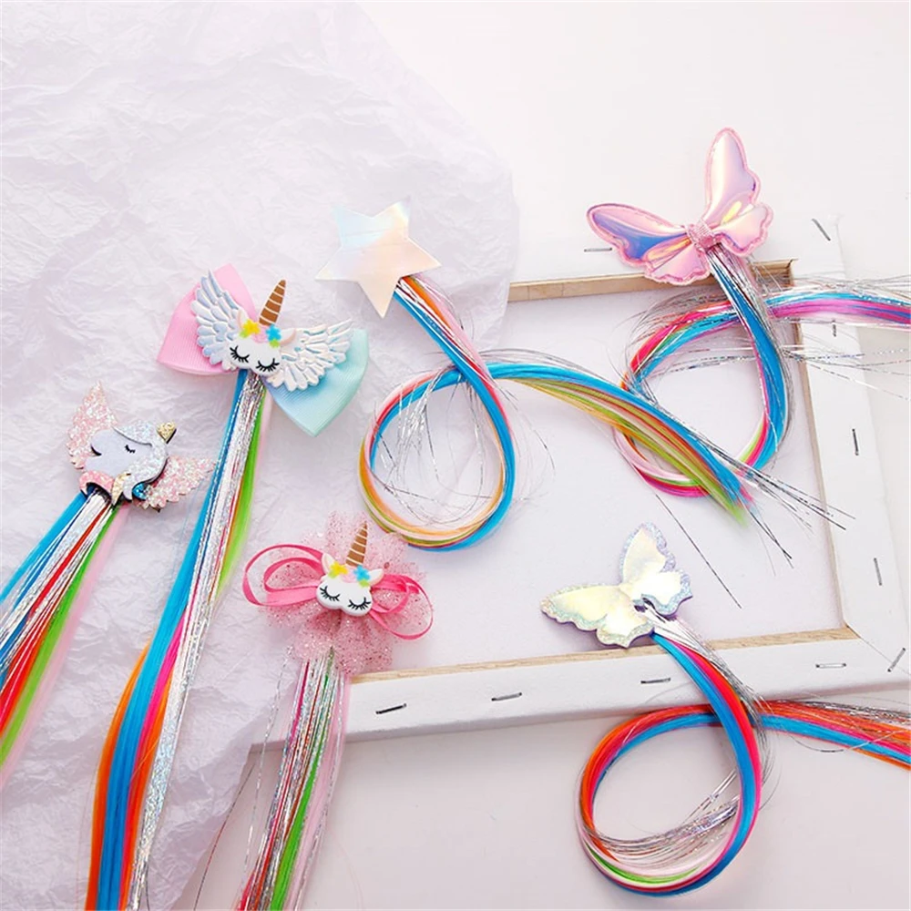 Colorful Bowtie Hair Clips for Girls Rainbow Glitter Wings Hair Bows Unicorn Princess Kids Long Wig 4