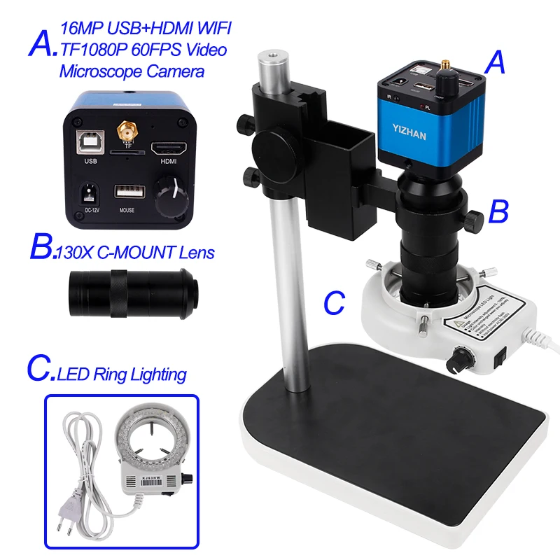 

microscope camera HD 16MP HDMI USB WIFI Digital Electronic Video Microscope Camera 130X C mount lens LED Ring Light lamp