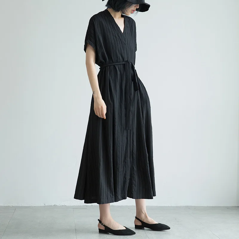 

Johnature New V-neck Short Sleeve Striped Harajuku Loose Bandage Dresses Women Clothes 2019 Summer Slits Pockets Dress