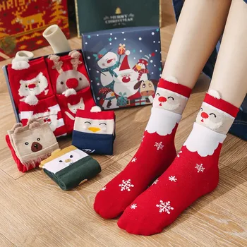 

4 Pairs/Box Girls Cartoon Christmas Socks Cute Middle Tube Socks for Xmas Party Holiday Funny Women Santa Claus Cotton Warm Sock